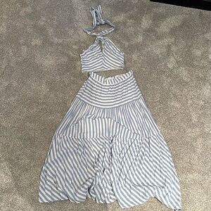Light blue & white striped two piece skirt set